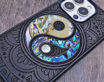 Mandala Yin Yang, Holz Handyhülle, für iPhone 15 14 13 12 Mini Pro Max, Samsung S23 Ultra /S22/ Google Pixel 8 Hülle, Hülle mit eingelegter Muschel