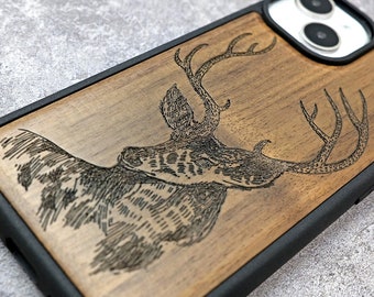 Gravierte Hirsch Holz Handyhülle: iPhone, Samsung, Pixel