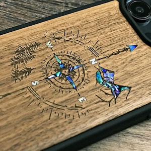 Wood Compass iPhone Case: Abalone Inlay, Adventure Design