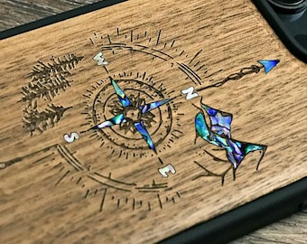 Wood Compass iPhone Case: Abalone Inlay, Adventure Design