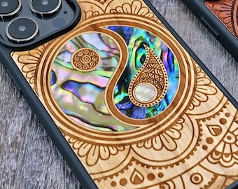 Yin Yang Holz Handyhülle iPhone 17 Pro Max 16 Pro 15 Plus 14 13 12 11, Samsung S25 Ultra S24 Plus S22 S21 , Pixel 10 Pro XL 9a 8 Pro Case