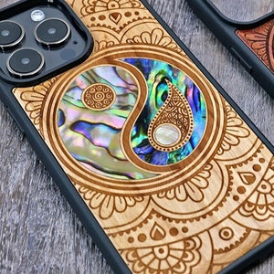 Zen Style Case, Wood iPhone 16 Pro Max 15 Pro 14 13 12 11 Case, Samsung S24 S23 S22 S21 Ultra, Pixel 9 Pro XL 8a 7 Pro Case, Abalone Inlay