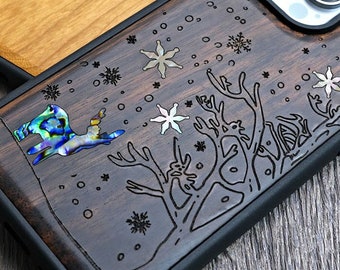 Reindeer Engraving, Handmade Wood Case, For iPhone 15 14 13 12 Mini Pro Max, Samsung S23 Ultra / S21 Case, Google pixel 8/8Pro Case, Inlayed