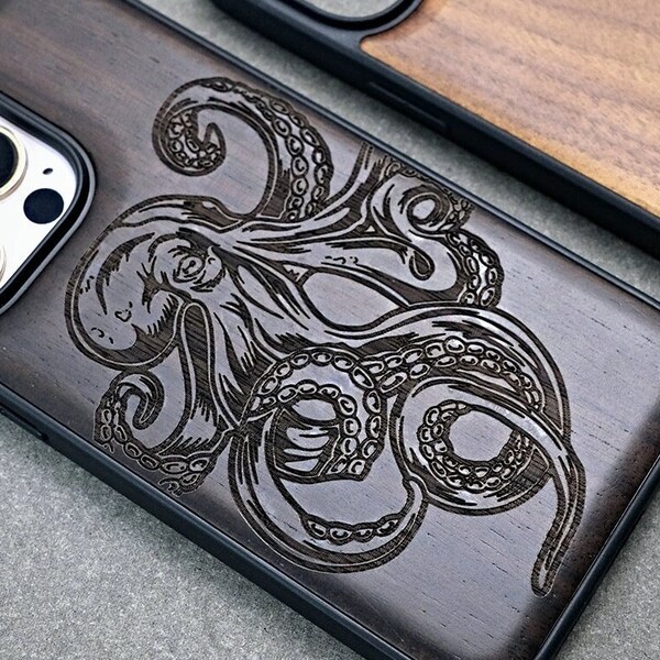 Etched Octopus Case, Custom Wood Case, For iPhone 15 14 13 12 Mini Pro Max, Samsung S23 Ultra/ S22 / Google pixel 8/7Pro Case, Magsafe Case