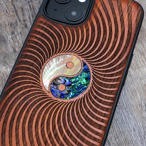 Funda Yin Yang, funda de madera para iPhone 16 Pro Max, 15 Pro, 14, 13, 12 y 11, Samsung S24, S23, S22, S21 Ultra, funda para Pixel 9 Pro XL, 8a y 7 Pro, con incrustaciones de abulón.
