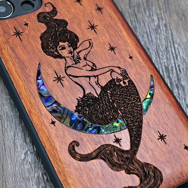 Mermaid In The Moon, Wood Phone Case, Abalone Inlayed, For iPhone 15 14 13 12 Mini Pro Max, Samsung S22 /S21 /S23, Google pixel 8/8Pro Case