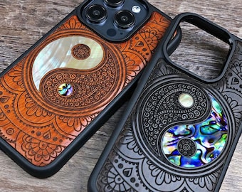 iPhone-Hülle aus Holz/ Samsung-Hülle/ Google Pixel 8a-Hülle, handgefertigtes Geschenk, Abalone- und Perlmutt-Inlay, personalisierte Hülle