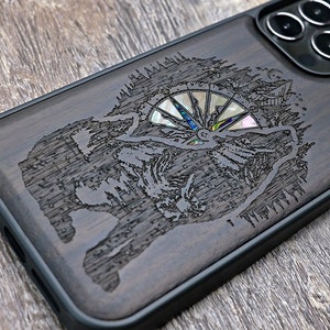 Wolf Engraved Wood iPhone Case: Abalone & Pearl Inlays
