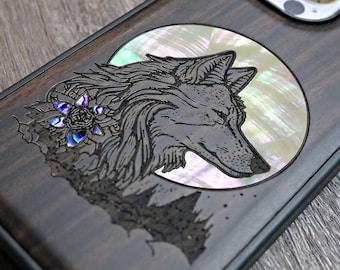 Wolf Moon Wood Phone Case - Spiritual Zen Balance Taoist Protective Cover for iPhone Samsung Pixel, Boho Shell Mosaic Custom Name