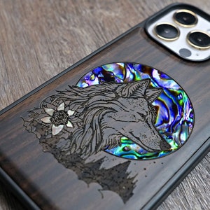 Wolf Art Wood Phone Case: Abalone & Pearl Inlays