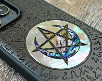 Witchy Wood Phone Case: Pearl Inlay Pentagram, Moon