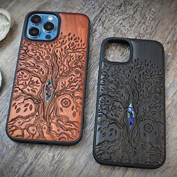Tree Of Life-All Seeing Eye, Wood Phone Case, Shell Inlays, For iPhone 15 14 13 12 Mini Pro Max Case, Samsung S23 Ultra/S22, Pixel 8Pro Case