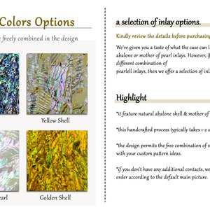 Op de afbeelding: Vier schelpkleuropties voor inlegwerk: abalone, geel, parelmoer en goud. De tekst luidt: "Schelpen kunnen vrij in het ontwerp worden gecombineerd." en "een selectie van inlegopties. Bekijk de details alstublieft voordat u koopt."