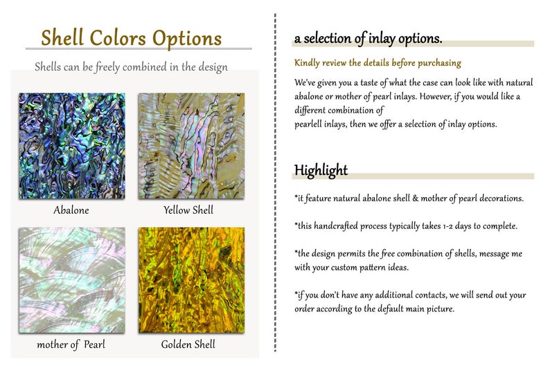 Op de afbeelding: Vier schelpkleuropties voor inlegwerk: abalone, geel, parelmoer en goud. De tekst luidt: "Schelpen kunnen vrij in het ontwerp worden gecombineerd." en "een selectie van inlegopties. Bekijk de details alstublieft voordat u koopt."