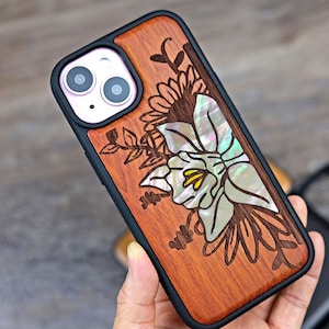 蓮の花アート、手作り木製ケース、iPhone 14 13 12 Mini Pro Max、Samsung S23 / S21 / S22、Google Pixel 8a/8Pro用、パーソナライズケース