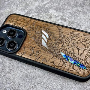 Crow Wood iPhone Case: Abalone & Pearl Inlay, MagSafe Compatible