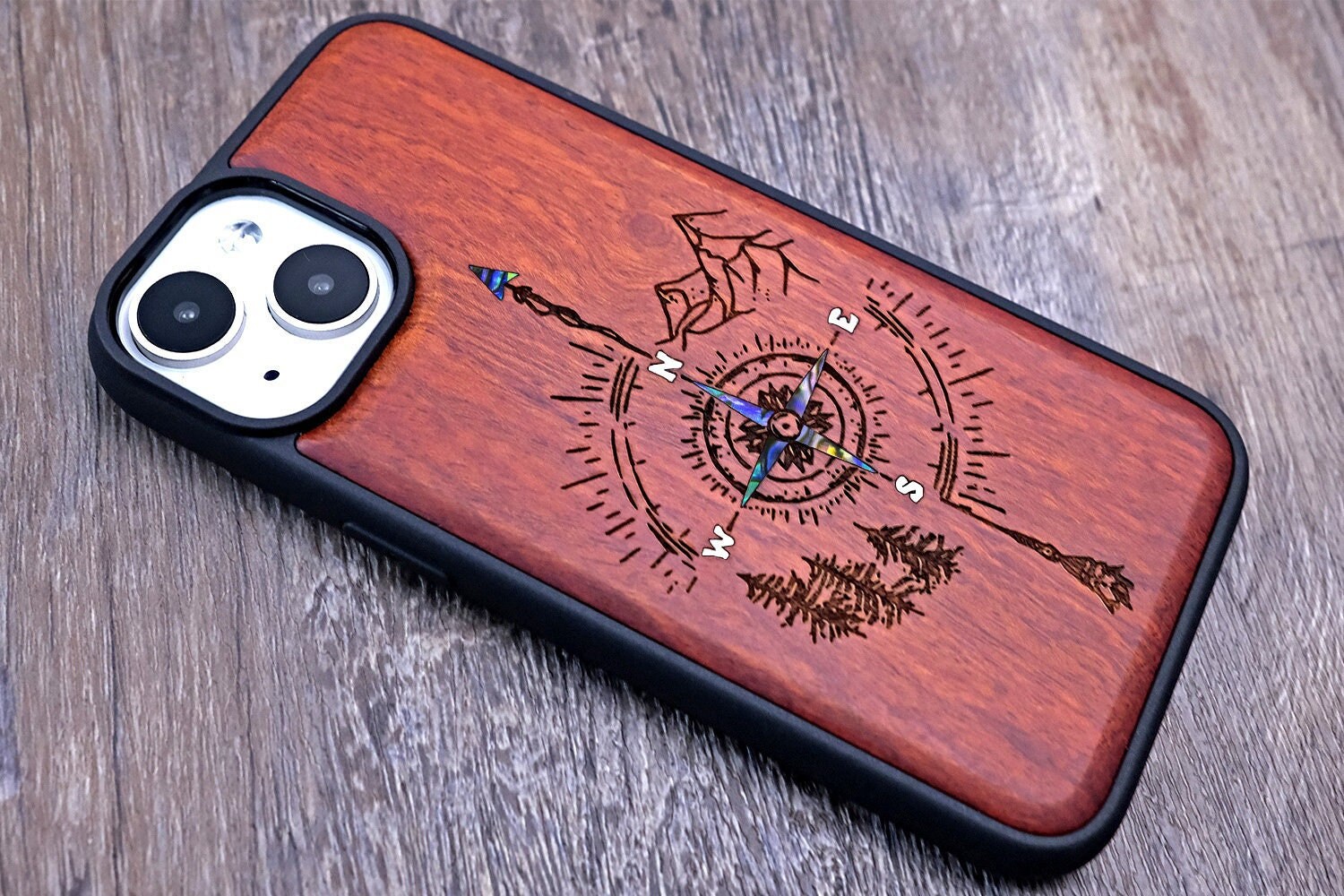 Compass Art, Wood iPhone 16 Pro Max 15 Pro 14 13 12 11 Case, Samsung S24 S23 S22 S21 Ultra, Pixel 9 Pro XL 8a 7 Pro Case, Pearl Inlays