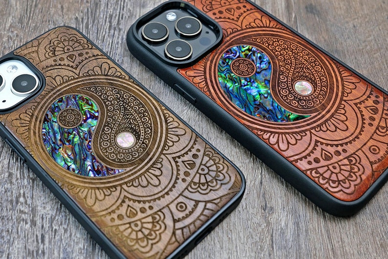 Taichi Mandala, Wood Phone Case, Magsafe Case, For iPhone 14 13 12 Mini Pro Max, Samsung S22 / S21 / A53 5g / Google pixel 6 Case, Custom 