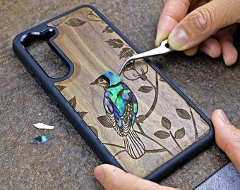 Bird Flower Wood iPhone Case, Abalone Inlay, Magsafe Compatible