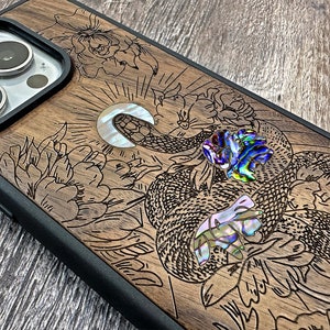 Custodia in legno per iPhone 16 Pro Max 15 Pro 14 13 12 11, Samsung S24 S23 S22 S21 Ultra, Pixel 9 Pro XL 8a 7 Pro, intarsi in perla.