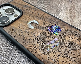 Snake With Flower, Wood Engraved Case, MagSafe Case, for iPhone 15 14 13 12 Mini Pro Max, Samsung S23 Ultra / S22, Google pixel 8/8Pro Case