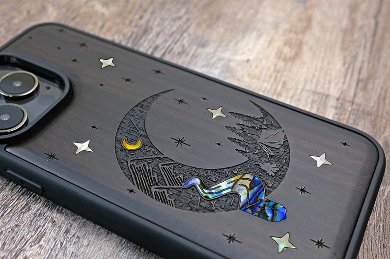 Night Sky Design Wood Phone Case -Protective Cover, Handcrafted Engraving, For iPhone 15/14/13/12, Samsung Galaxy S24/S23, Google Pixel- Personalized Gift from Nature-Logo, name, photo, phrase,image customizable