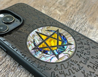 Handcrafted Wood Pentagram Phone Case: Pearl Inlay, Magsafe Compatible