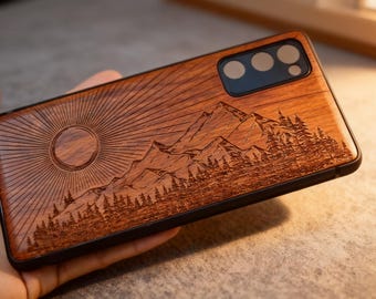 Engraved Wood Phone Case: Mountain Sunrise Design