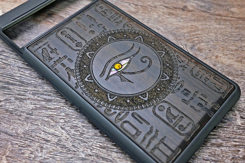 Mysterious eye Design Wood Phone Case -Protective Cover, Handcrafted Engraving, For iPhone 15/14/13/12, Samsung Galaxy S24/S23, Google Pixel- Personalized Gift from Nature-Logo, name, photo, phrase,image customizable