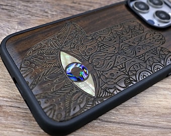 Personalisierbare Hamsa-Hülle aus Holz mit Abalone-Inlay für iPhone 15/14/13/12, Samsung S24/S23/S22/S21, Google Pixel 8/7/6 - Schutzhülle