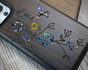 Hummingbird Wood iPhone Case: Abalone & Mother of Pearl Inlay