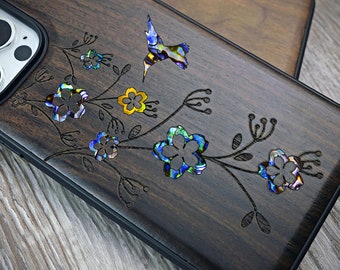 Kolibri und Blume, handgemachte Holz Fall für iPhone 15 14 13 12 Mini Pro Max, Samsung S23 Ultra, Google pixel 8Pro Case, Muschel Inlays