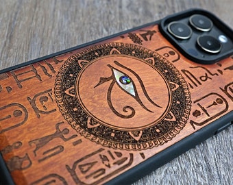 Auge des Horus Holz iPhone Case: Abalone Inlay, MagSafe Kompatibel