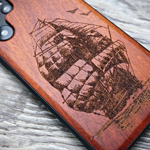 Custodia in legno con design a barca a vela per iPhone 16 Pro Max 15 Pro 14 13 12 11, custodia per Samsung S24 S23 S22 S21 Ultra, custodia per Pixel 9 Pro XL 8a 7 Pro