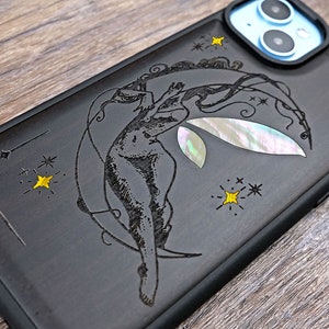 Fairy Moon Case, Wood iPhone 16 Pro Max 15 Pro 14 13 12 11 Case, Samsung S24 S23 S22 S21 Ultra, Pixel 9 Pro XL 8a 7 Pro Case, Abalone Inlay