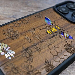 Bee Flower Wood iPhone Case: Pearl Inlays, MagSafe Compatible