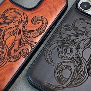 Gravure de pieuvre, coque en bois pour iPhone 16 Pro Max 15 Pro 14 13 12 11, Samsung S24 S23 S22 S21 Ultra, coque pour Pixel 9 Pro 8 7 Pro, cadeaux à graver