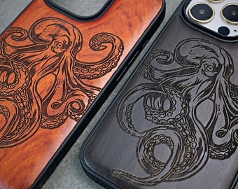May include: Two phone cases with an octopus design carved into the wood. One case is brown wood with a black octopus, the other is black wood with a brown octopus.
