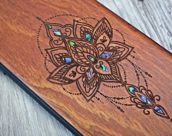 Lotus Engraving, Wood iPhone 16 Pro Max 15 Pro 14 13 12 11 Case, Samsung S24 S23 S22 S21 Ultra Case, Pixel 9 Pro XL 8a 7 Pro Case, Inlay Art