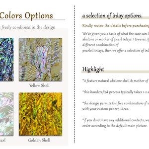 Puede incluir: Cuatro opciones de color de concha para el trabajo de incrustaci&oacute;n: abul&oacute;n, amarillo, n&aacute;car y dorado. El texto "Shells can be freely combined in the design" est&aacute; en la parte superior de la imagen. El texto "a selection of inlay options" est&aacute; en la parte superior derecha de la imagen. El texto "Kindly review the details before purchasing" est&aacute; debajo del texto "a selection of inlay options". El texto "Highlight" est&aacute; en la parte superior derecha de la imagen. El texto "it feature natural abalone shell & mother of pearl decorations." est&aacute; debajo del texto "Highlight". El texto "*this handcrafted process typically takes 1-2 days to complete." est&aacute; debajo del texto "it feature natural abalone shell & mother of pearl decorations.". El texto "*the design permits the free combination of shells, message me with your custom pattern ideas." est&aacute; debajo del texto "*this handcrafted process typically takes 1-2 days to complete.". El texto "*if you don't have any additional contacts, we will send out your order according to the default main picture." est&aacute; debajo del texto "*the design permits the free combination of shells, message me with your custom pattern ideas."