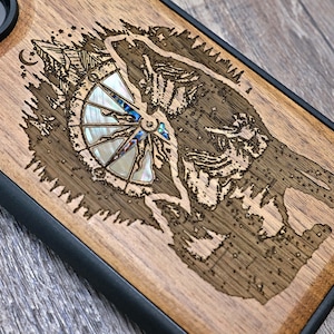Wolf Compass Wood iPhone Case: Abalone Inlay, Laser-Engraved