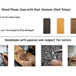Op de afbeelding: Een houten telefoonhoes met echte abalone schelp inlays. De hoes is verkrijgbaar in vier verschillende hout afwerkingen: zwart, bruin, licht hout en rood. De hoes is handgemaakt met passie en respect voor de natuur. Je kunt je eigen ontwerp aan de hoes toevoegen, zoals een logo, initialen, afbeelding, zin of tekening. Stuur je bestand (afbeelding) via Etsy Messages.