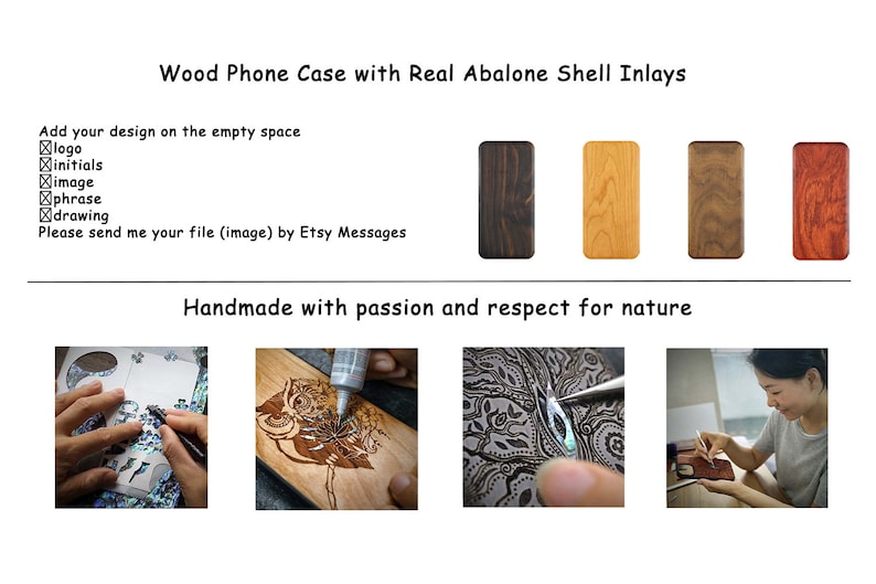 Op de afbeelding: Een houten telefoonhoes met echte abalone schelp inlays. De hoes is verkrijgbaar in vier verschillende hout afwerkingen: zwart, bruin, licht hout en rood. De hoes is handgemaakt met passie en respect voor de natuur. Je kunt je eigen ontwerp aan de hoes toevoegen, zoals een logo, initialen, afbeelding, zin of tekening. Stuur je bestand (afbeelding) via Etsy Messages.