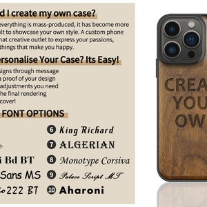 Op de afbeelding: Een houten telefoonhoesje met een zwarte rand en een lasergegraveerd ontwerp dat "CREATE YOUR OWN" zegt. Het hoesje wordt getoond op een witte achtergrond met een reflectie.