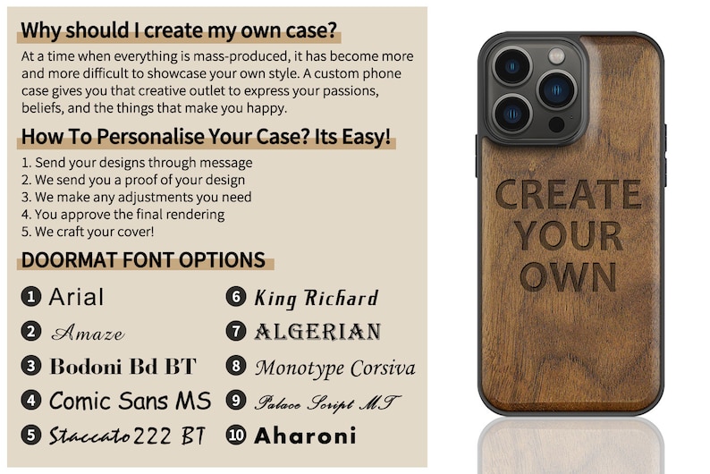 Op de afbeelding: Een houten telefoonhoesje met een zwarte rand en een lasergegraveerd ontwerp dat "CREATE YOUR OWN" zegt. Het hoesje wordt getoond op een witte achtergrond met een reflectie.