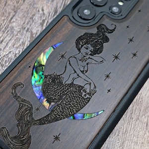 Coque sirène, bois pour iPhone 16 Pro Max 15 Pro 14 13 12 11, Samsung S24 S23 S22 S21 Ultra, coque pour Pixel 9 Pro XL 8a 7 Pro, incrustation d'ormeau
