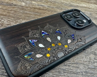 Lotusblumenkunst, handgemachte Holzhülle, für iPhone 14 13 12 Mini Pro Max, Samsung S23 / S21 / S22, Google Pixel 8a/8Pro