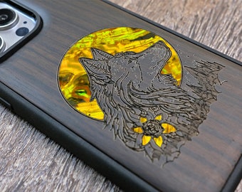 Wolf Mond Holz Handyhülle mit Abalone Inlay, MagSafe Kompatibel