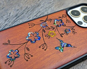 Hummingbird And Flower, Handmade Wood Case For iPhone 15 14 13 12 Mini Pro Max, Samsung S23 Ultra, Google pixel 8Pro Case, Seashell Inlays