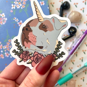 Adopt-a-bull Unicorn Shelby Vinyl Pitbull Sticker | Fantasy Dog Sticker for Laptops, Waterbottles, and Notebooks